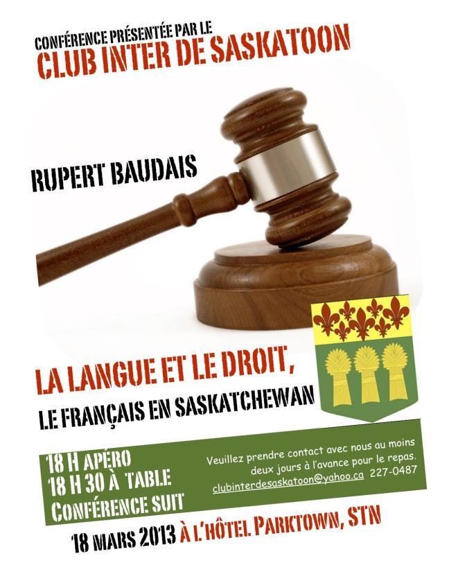 Affiche - Conférence du Club Inter : La langue et le droit, le français en Saskatchewan