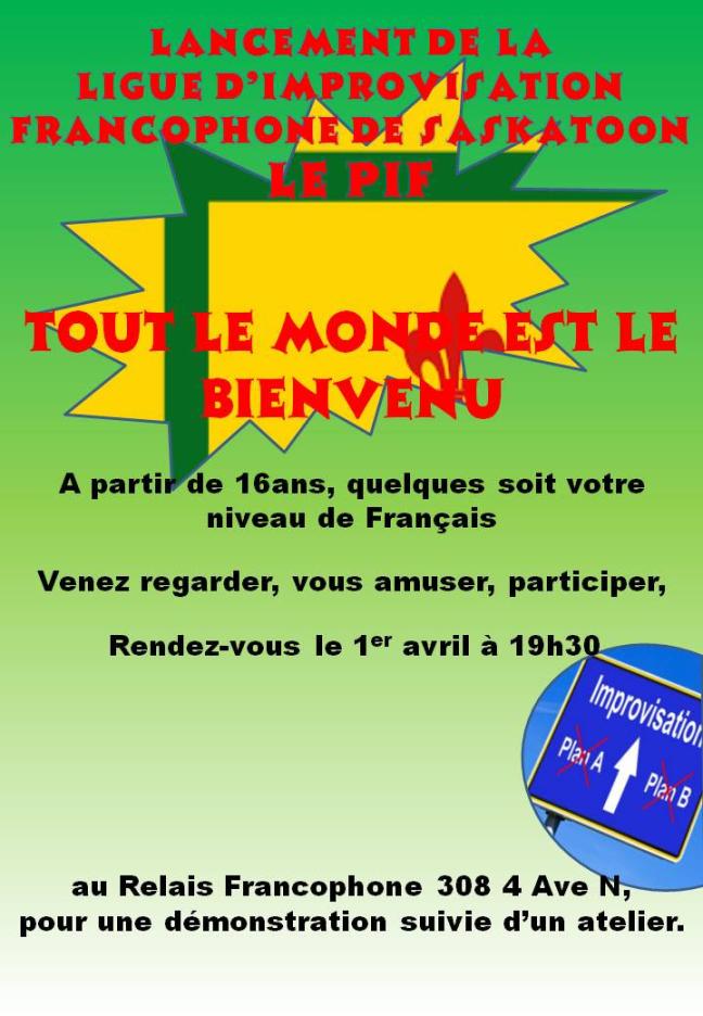 Affiche - Lancement de la Ligue d'improvisation francophone de Saskatoon