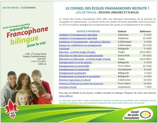 Affiche - Le Conseil des écoles fransaskoises recrute - Août 2014