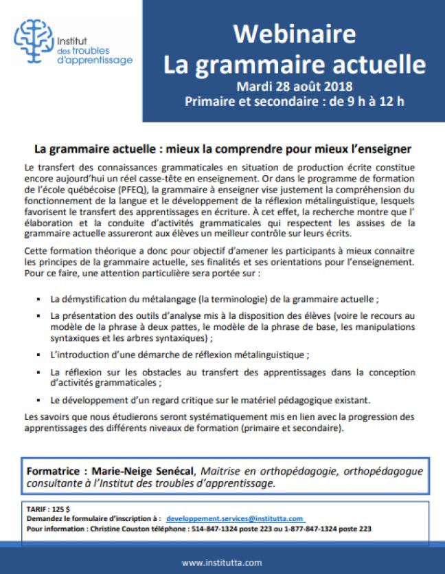 Affiche - Webinaire sur la grammaire actuelle